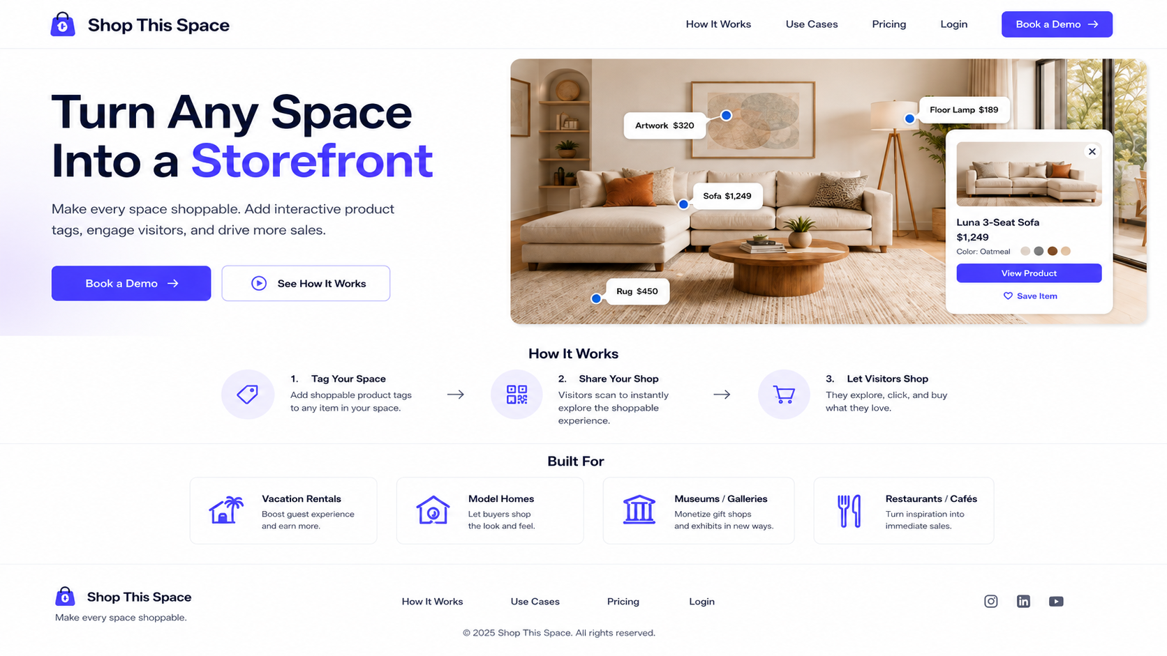 A warm living room with product tags for the sofa, rug, artwork, and lamp